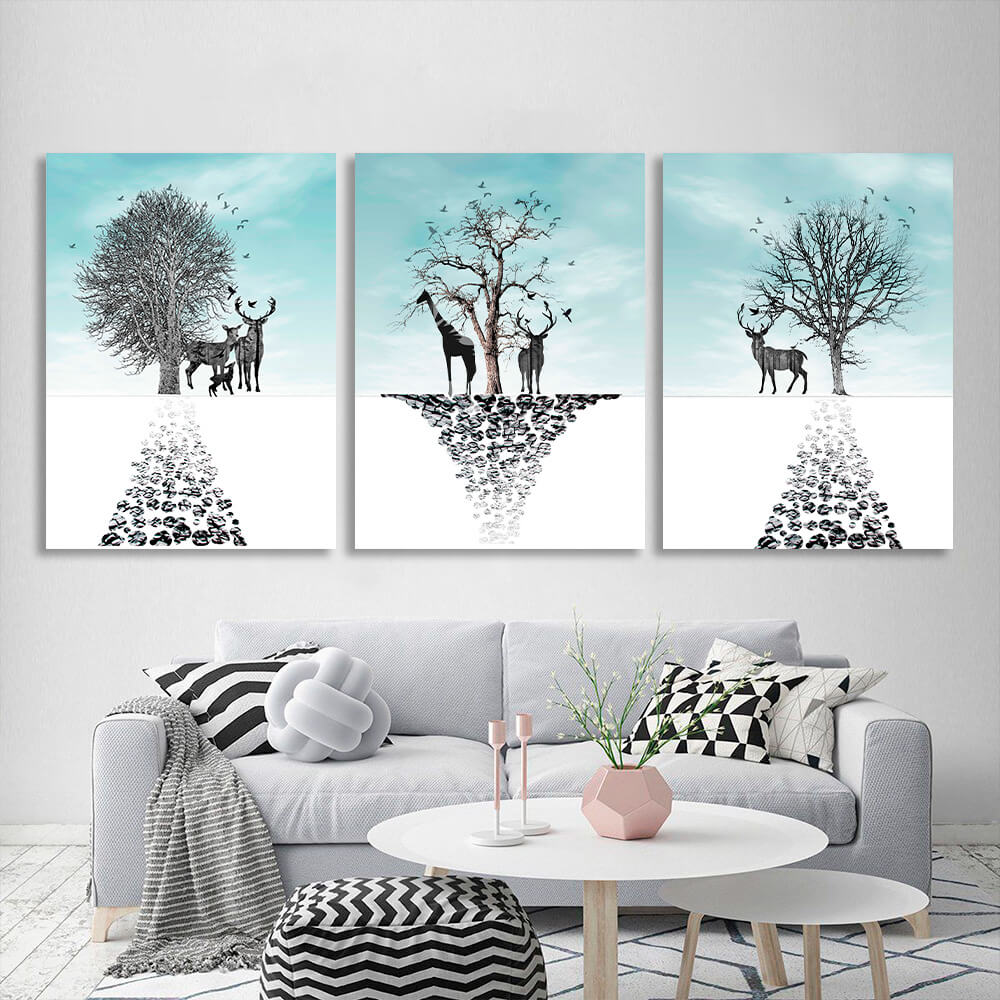 Modular deer and trees Multi Panel Canvas Wall Art Print