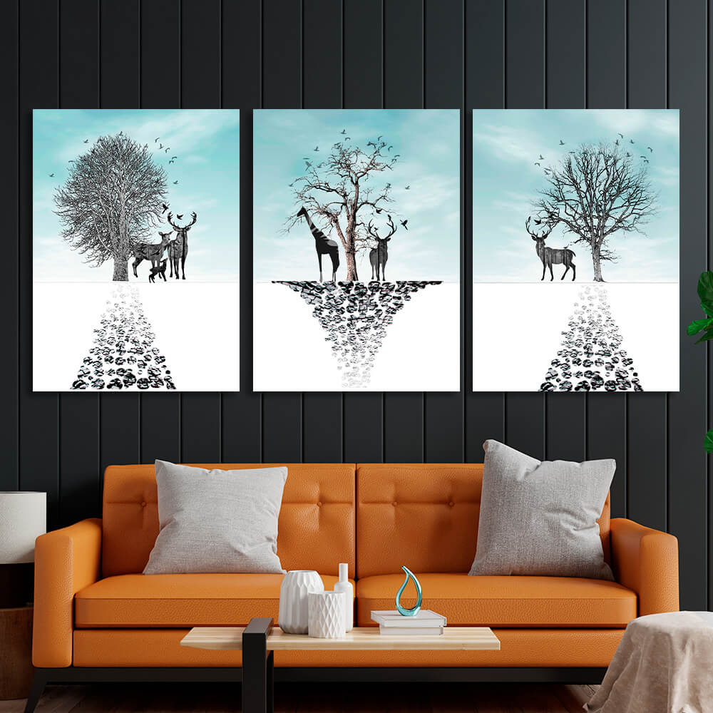 Modular deer and trees Multi Panel Canvas Wall Art Print