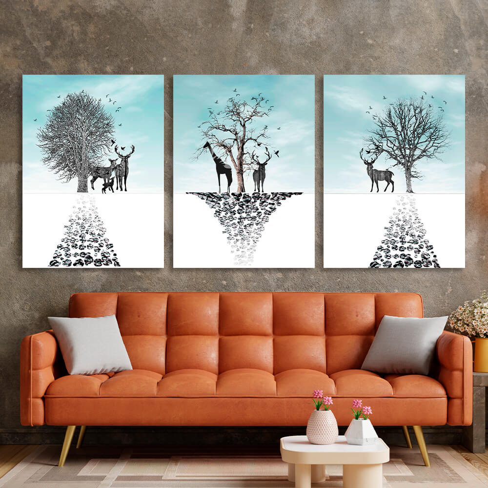 Modular deer and trees Multi Panel Canvas Wall Art Print