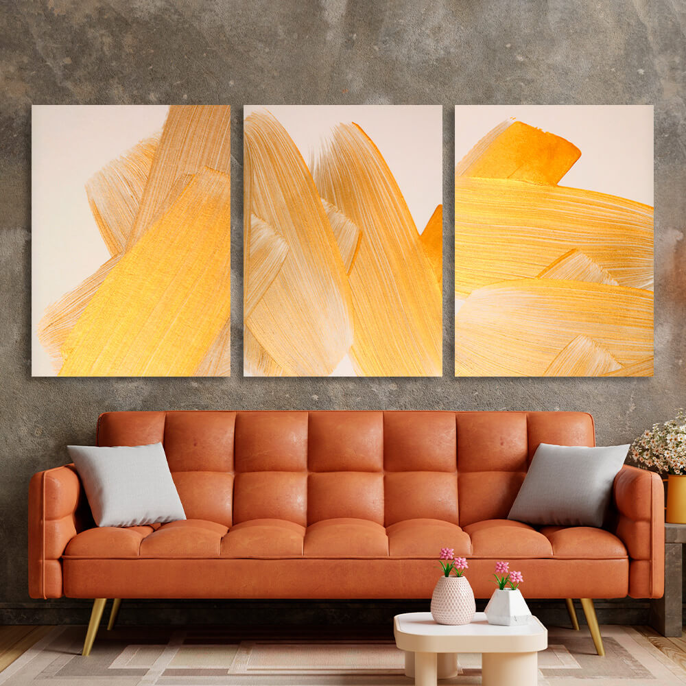 Modular gold strokes on a beige background Multi Panel Canvas Wall Art Print