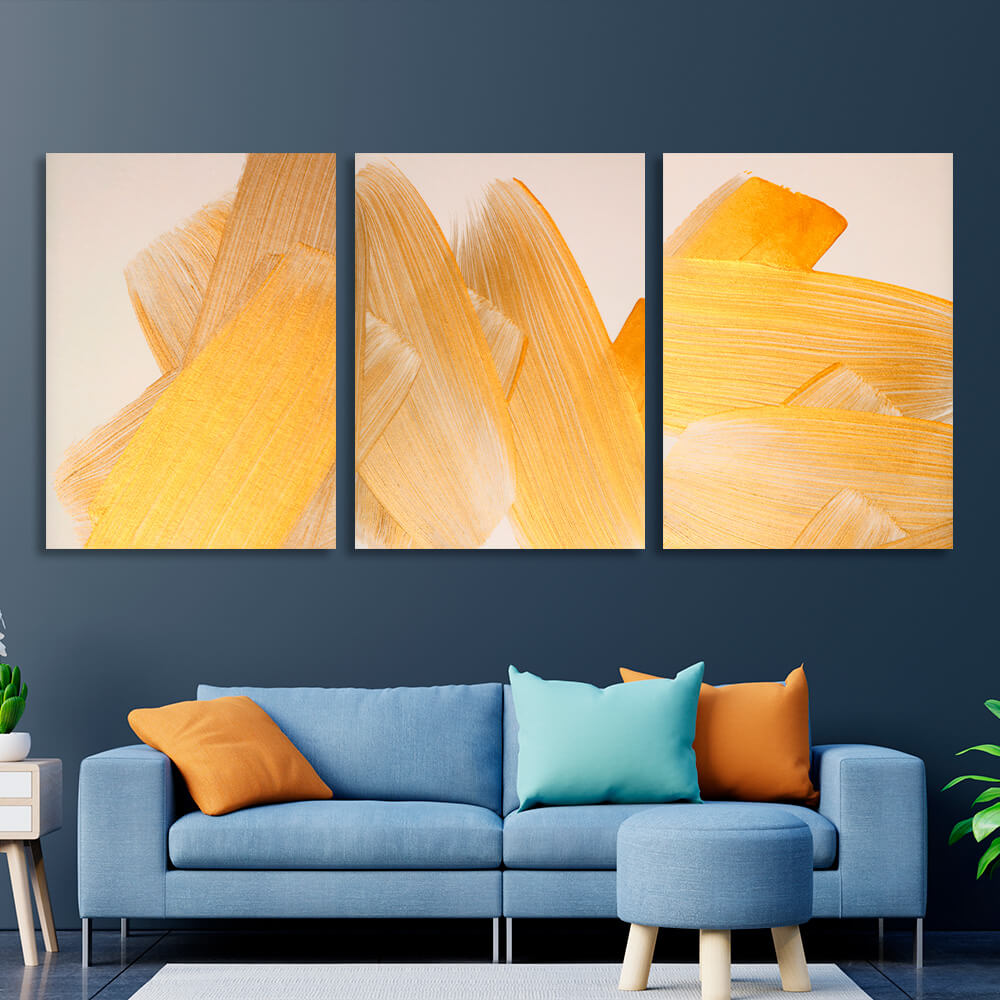 Modular gold strokes on a beige background Multi Panel Canvas Wall Art Print