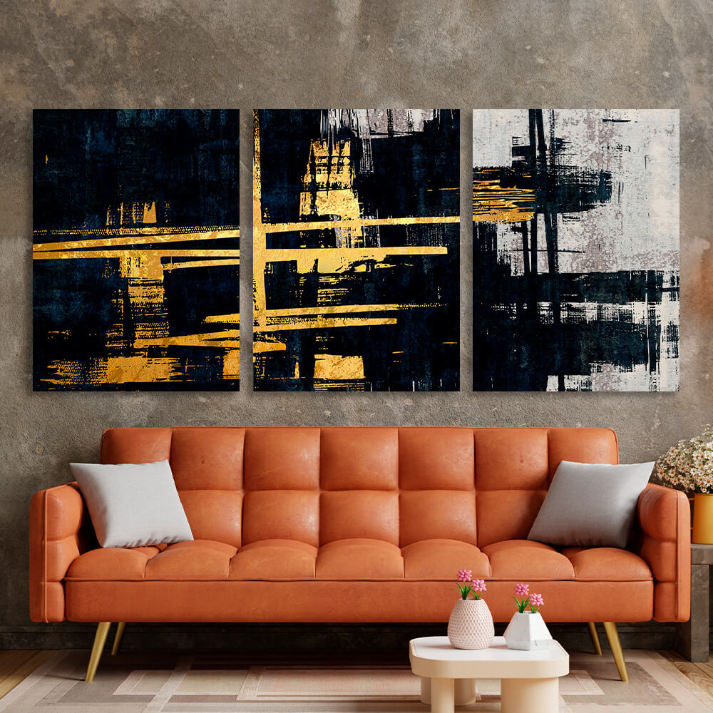 Modular gold and blue abstract with gray tones Multi Panel Canvas Wall Art Print