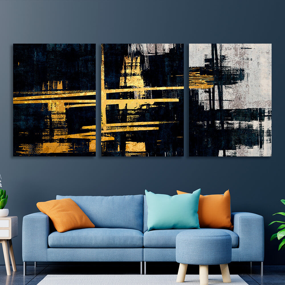 Modular gold and blue abstract with gray tones Multi Panel Canvas Wall Art Print