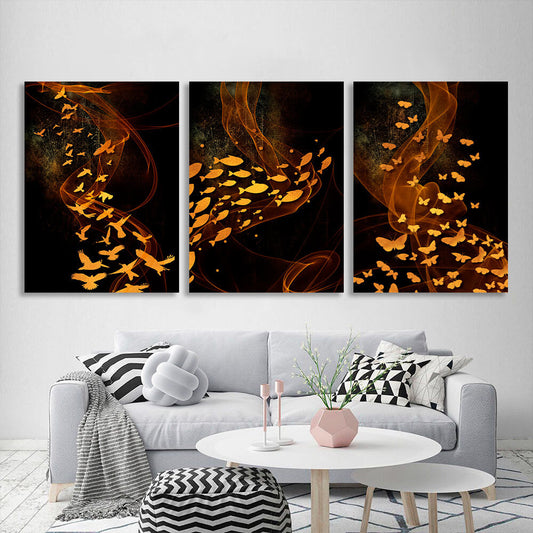 Modular golden butterflies, birds and fish on a brown background Multi Panel Canvas Wall Art Print