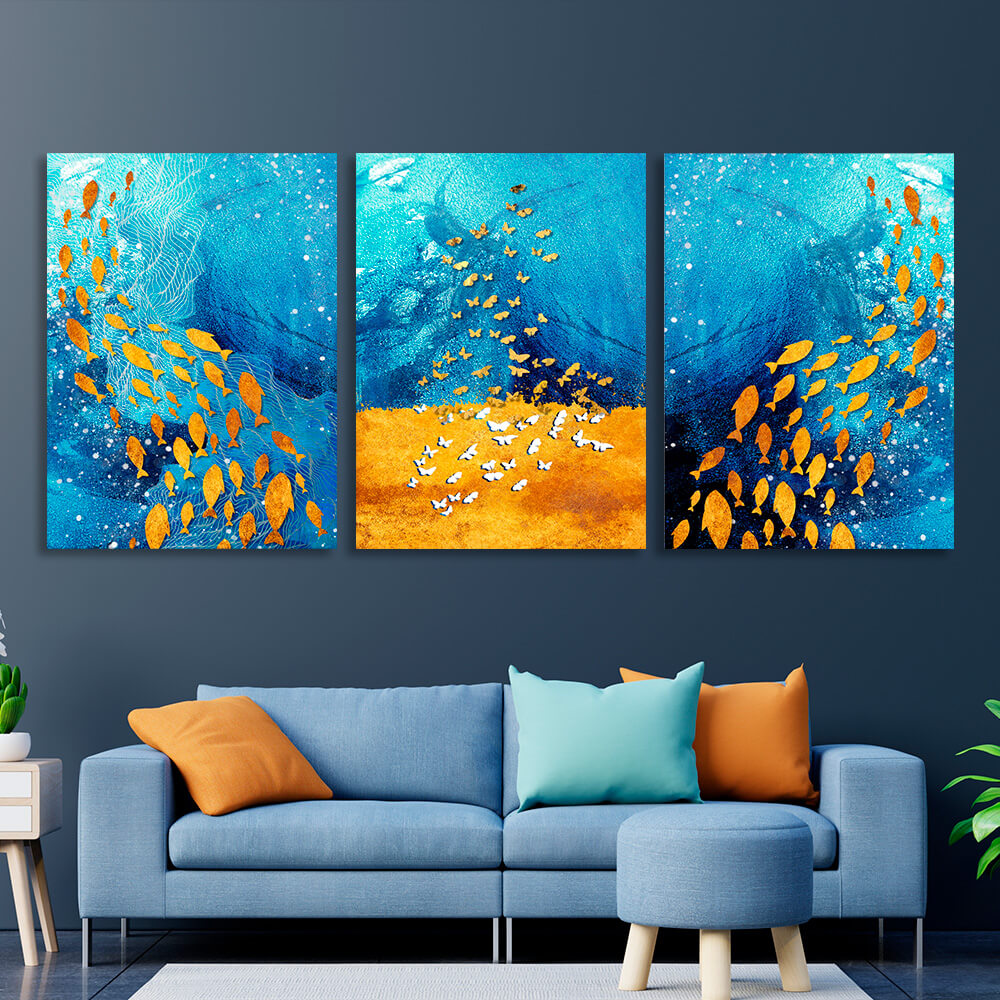 Modular blue-gold Multi Panel Canvas Wall Art Print