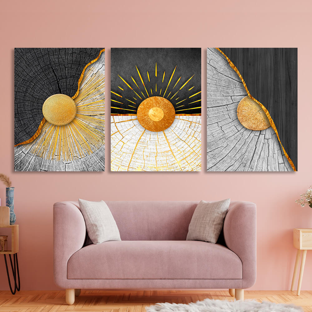 Modular black and gray wood with gold elements Multi Panel Canvas Wall Art Print