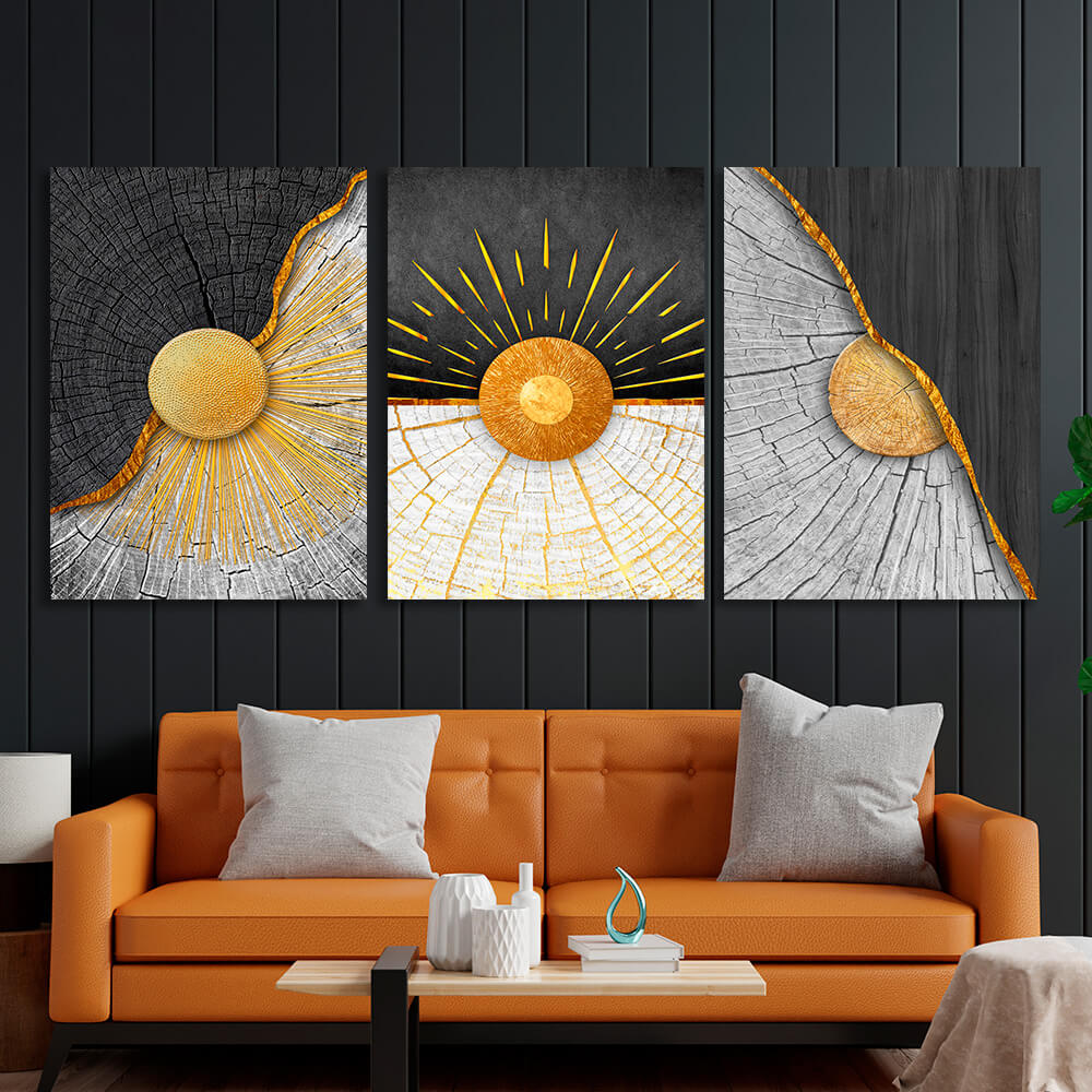 Modular black and gray wood with gold elements Multi Panel Canvas Wall Art Print