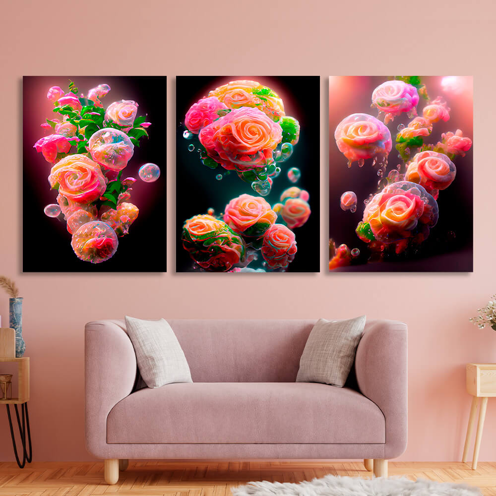 Modular crimson flowers on a dark background Multi Panel Canvas Wall Art Print