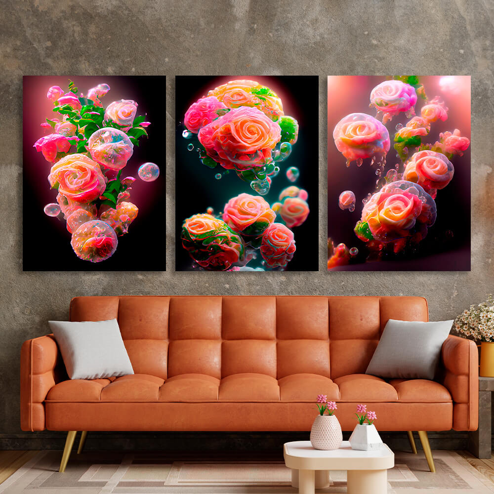 Modular crimson flowers on a dark background Multi Panel Canvas Wall Art Print