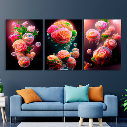 Modular crimson flowers on a dark background Multi Panel Canvas Wall Art Print