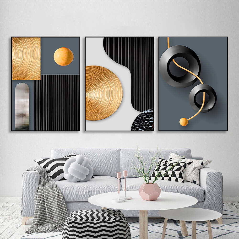 Modular gray-gold figures with black elements Multi Panel Canvas Wall Art Print