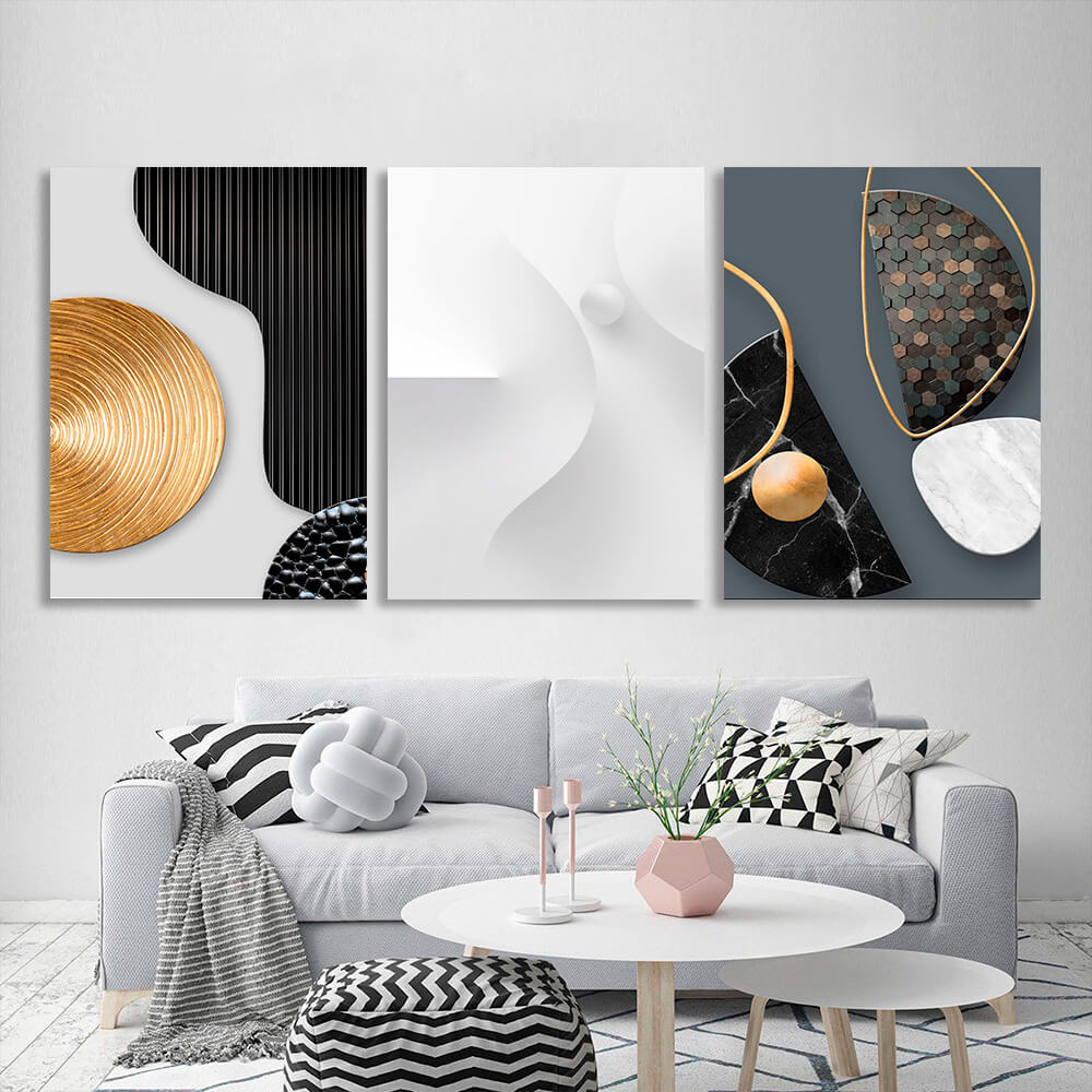 Modular gray figures with black and gold tones Multi Panel Canvas Wall Art Print