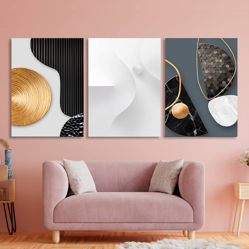 Modular gray figures with black and gold tones Multi Panel Canvas Wall Art Print