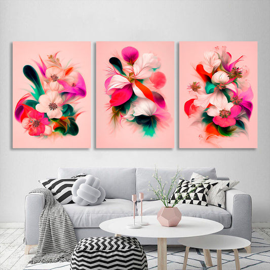 Modular colorful flowers on a pink background Multi Panel Canvas Wall Art Print