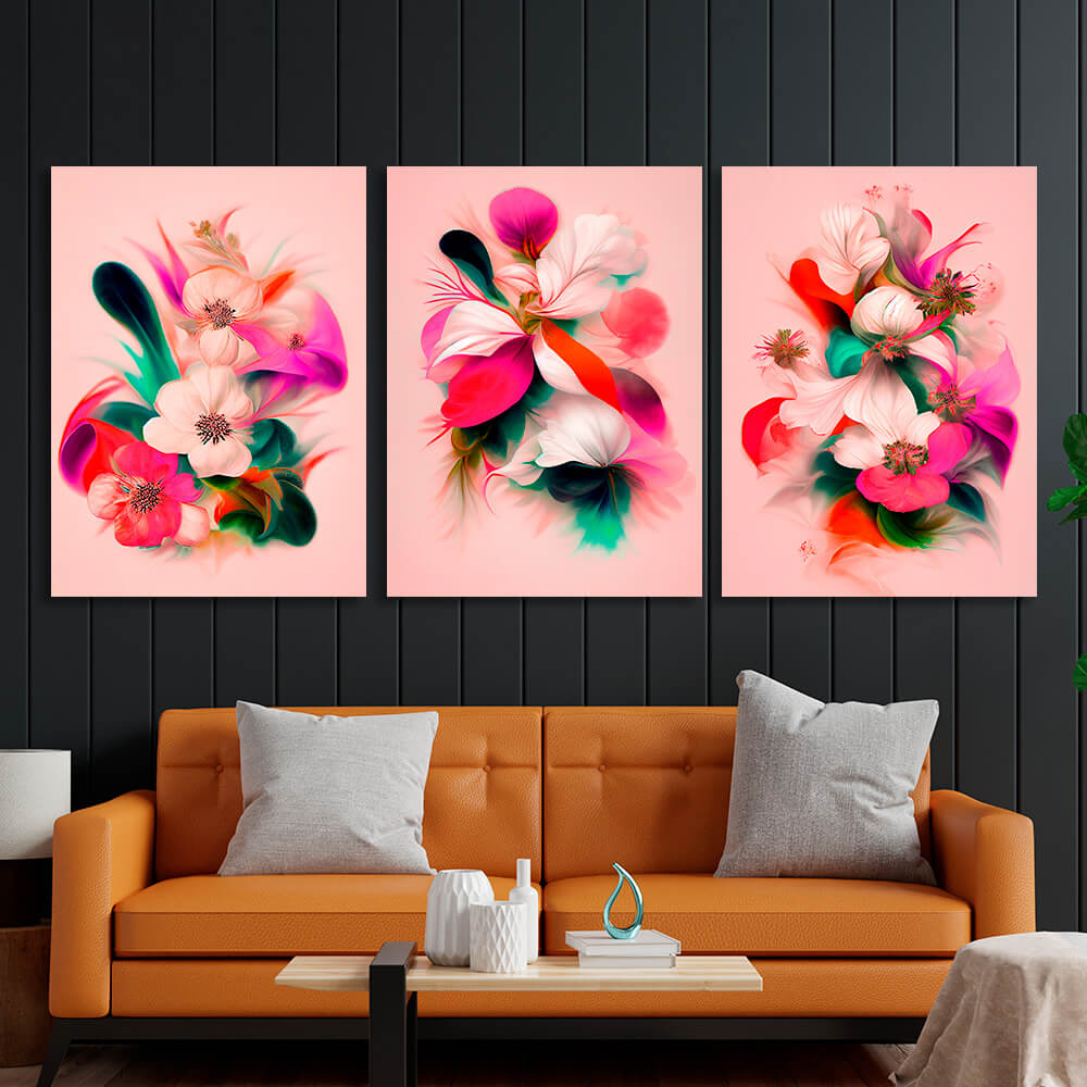 Modular colorful flowers on a pink background Multi Panel Canvas Wall Art Print