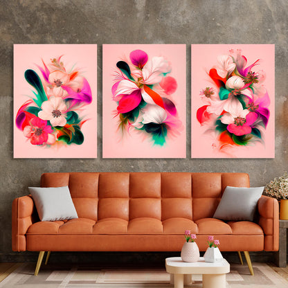 Modular colorful flowers on a pink background Multi Panel Canvas Wall Art Print