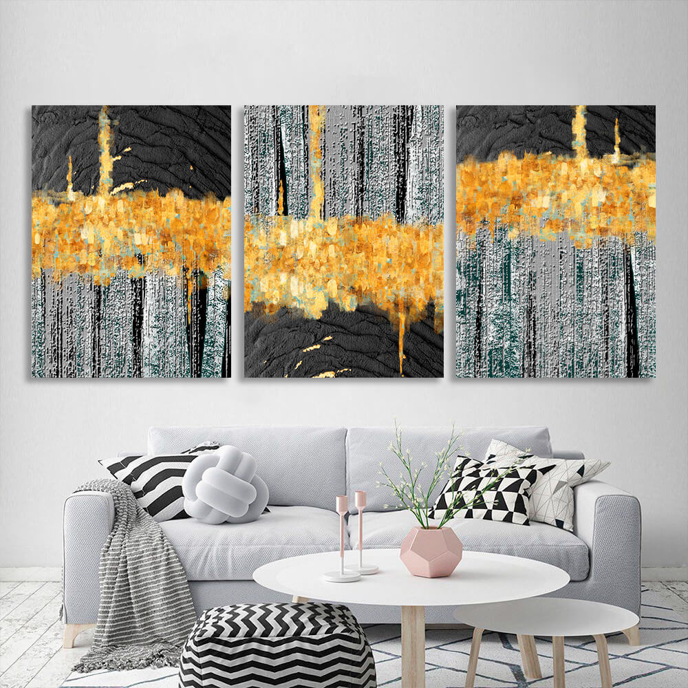 Modular gray-gold abstract with black elements Multi Panel Canvas Wall Art Print