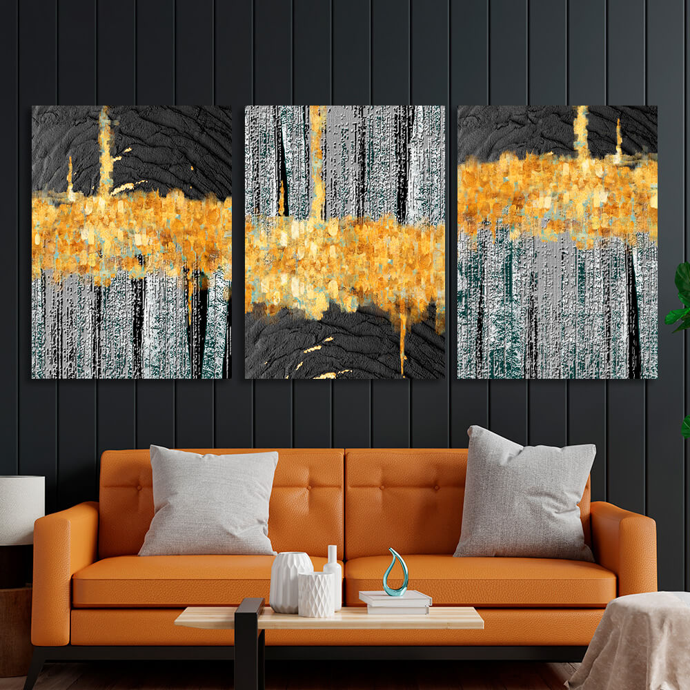 Modular gray-gold abstract with black elements Multi Panel Canvas Wall Art Print