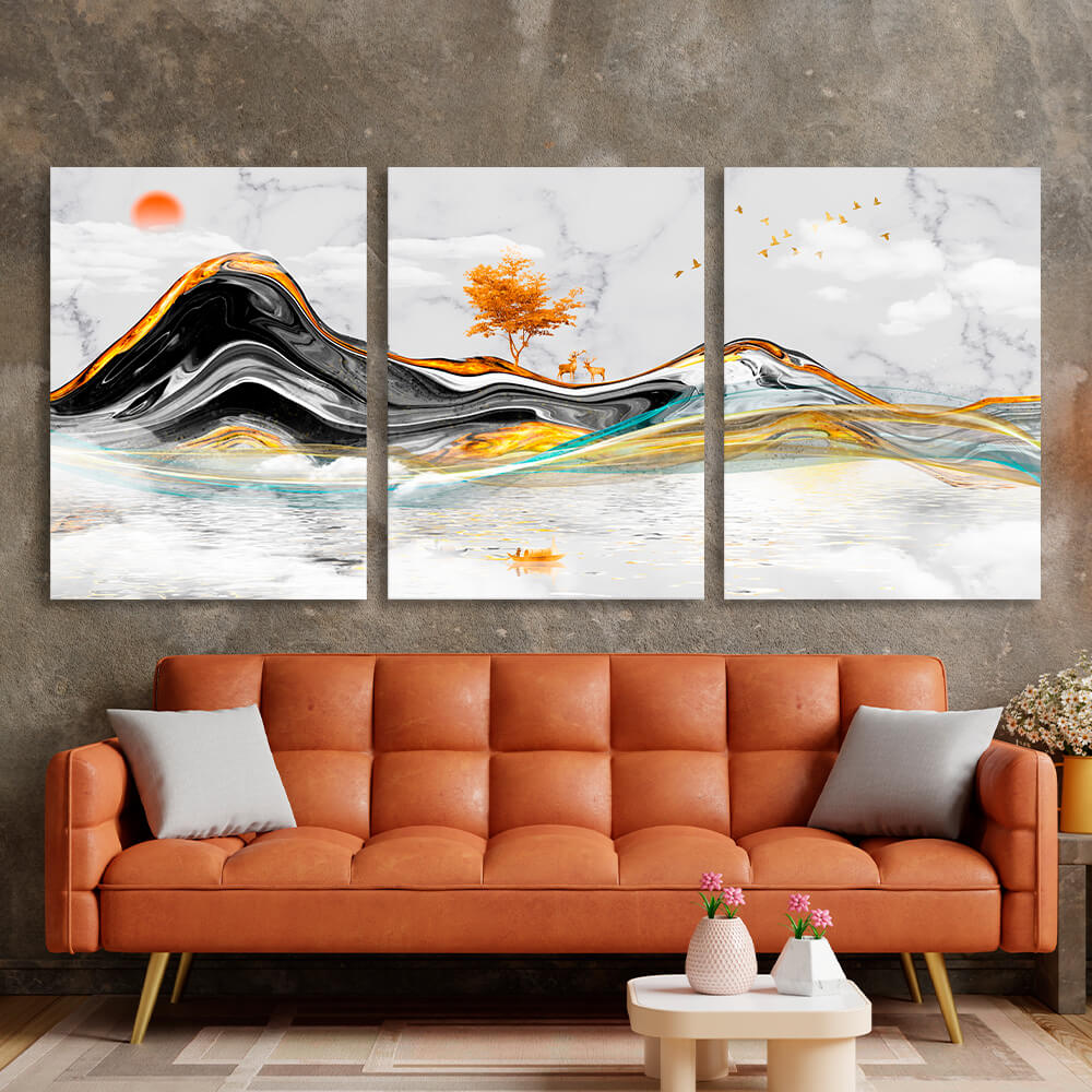 Modular gray with gold and black tones Multi Panel Canvas Wall Art Print