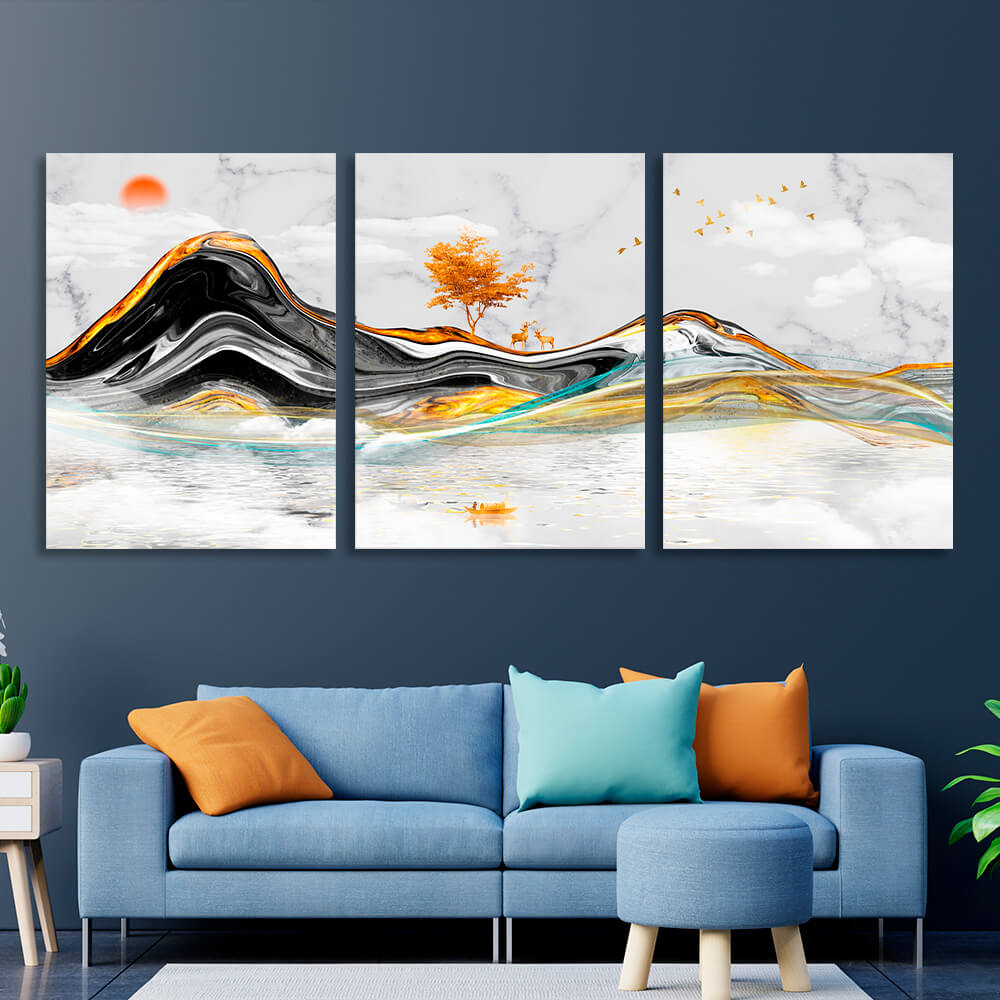 Modular gray with gold and black tones Multi Panel Canvas Wall Art Print