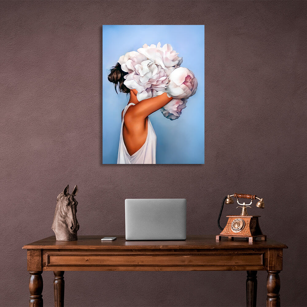 The girl with white flowers on her head is blue Canvas Wall Art Print