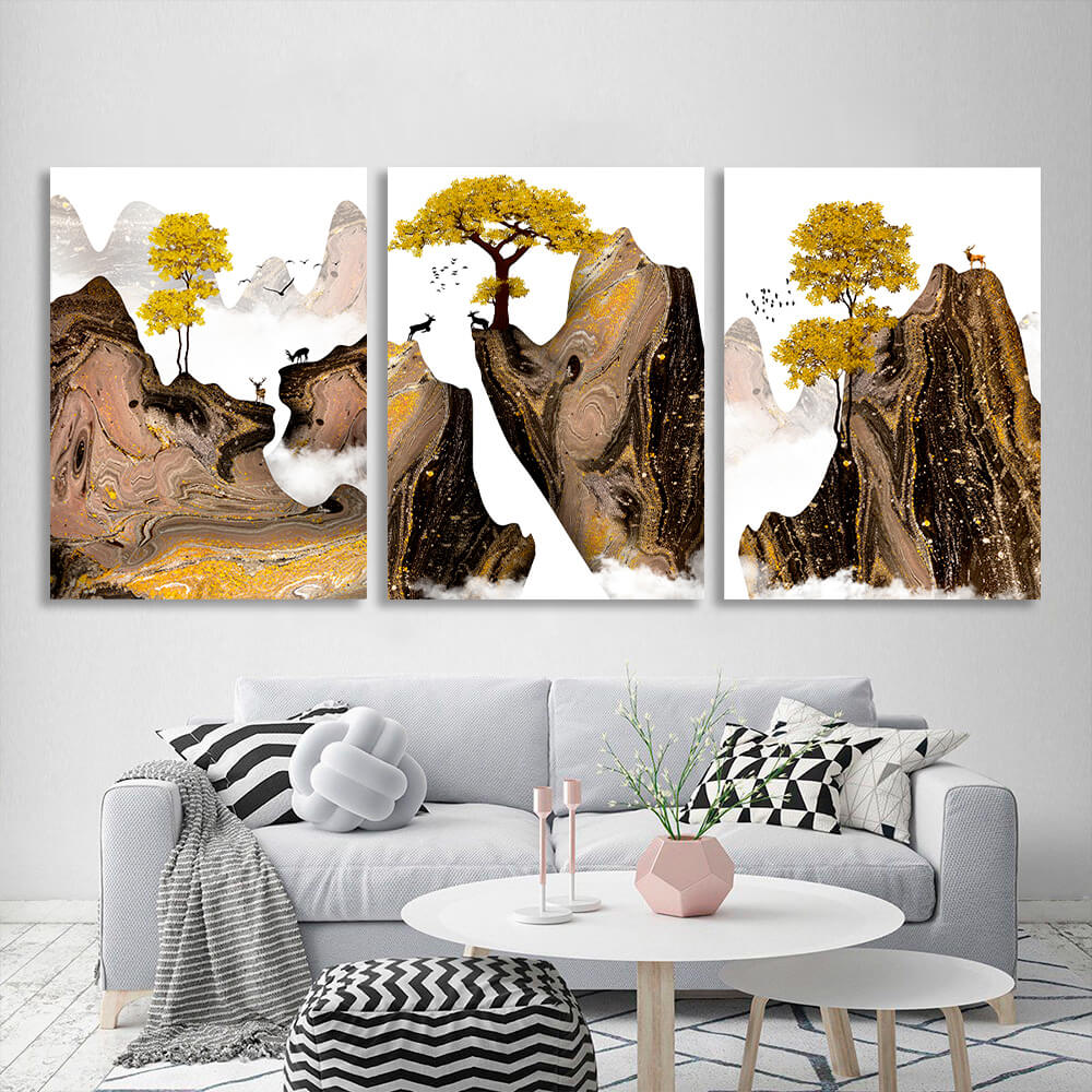 Modular golden trees in the mountains on a white background Multi Panel Canvas Wall Art Print