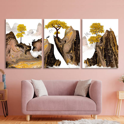 Modular golden trees in the mountains on a white background Multi Panel Canvas Wall Art Print