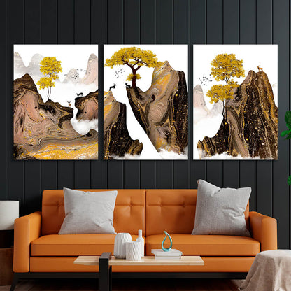 Modular golden trees in the mountains on a white background Multi Panel Canvas Wall Art Print