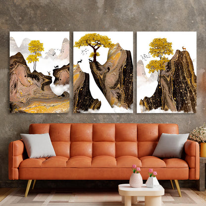 Modular golden trees in the mountains on a white background Multi Panel Canvas Wall Art Print