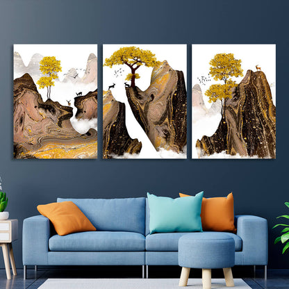 Modular golden trees in the mountains on a white background Multi Panel Canvas Wall Art Print