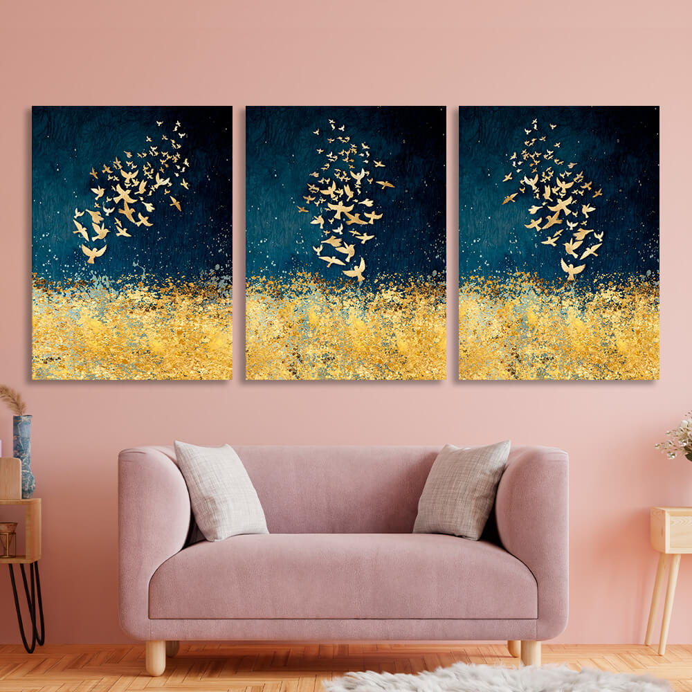 Modular abstraction in shades of gold and blue Multi Panel Canvas Wall Art Print