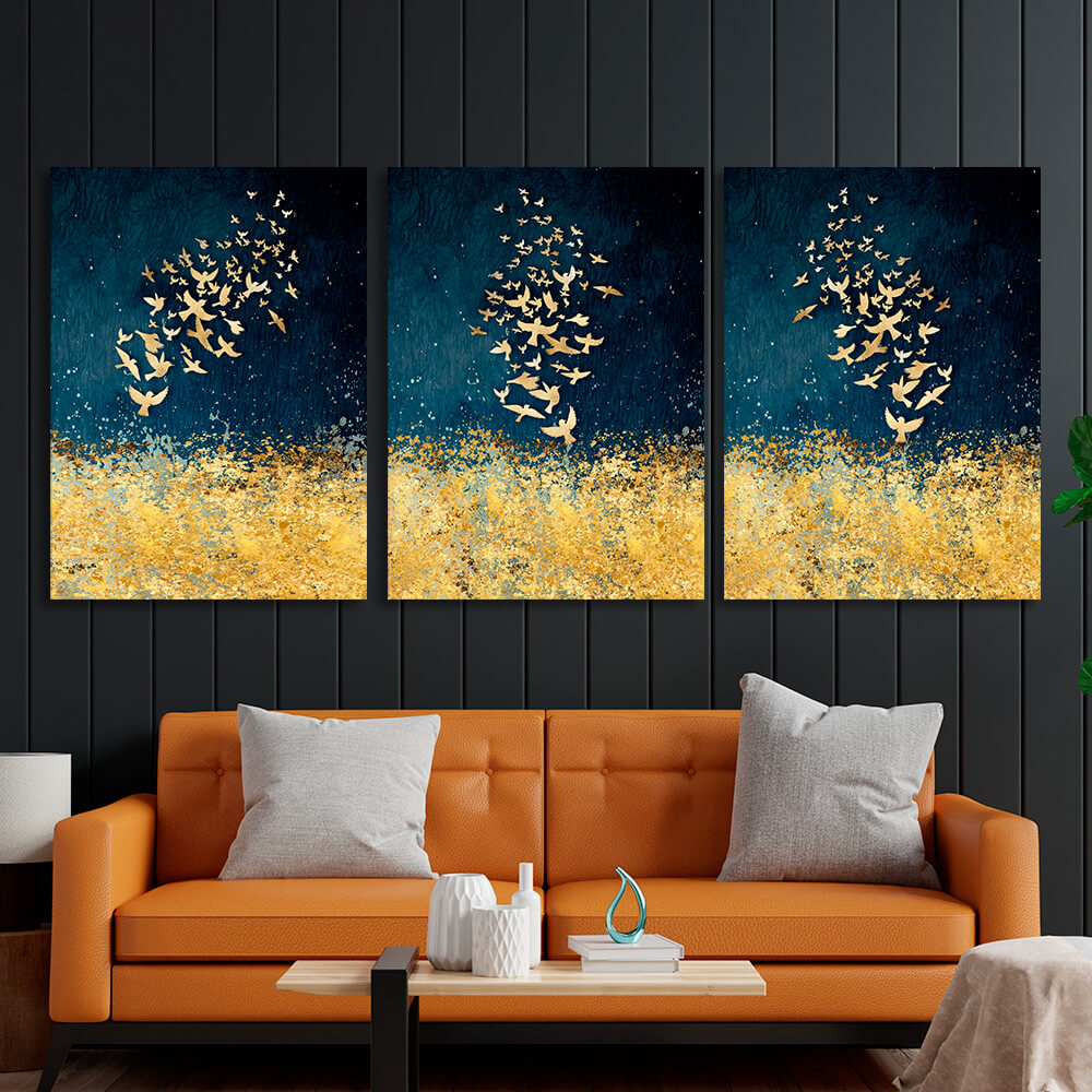 Modular abstraction in shades of gold and blue Multi Panel Canvas Wall Art Print