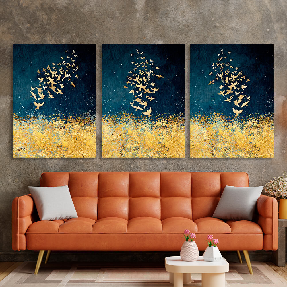 Modular abstraction in shades of gold and blue Multi Panel Canvas Wall Art Print