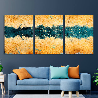 Modular gold abstract with dark green flowers Multi Panel Canvas Wall Art Print