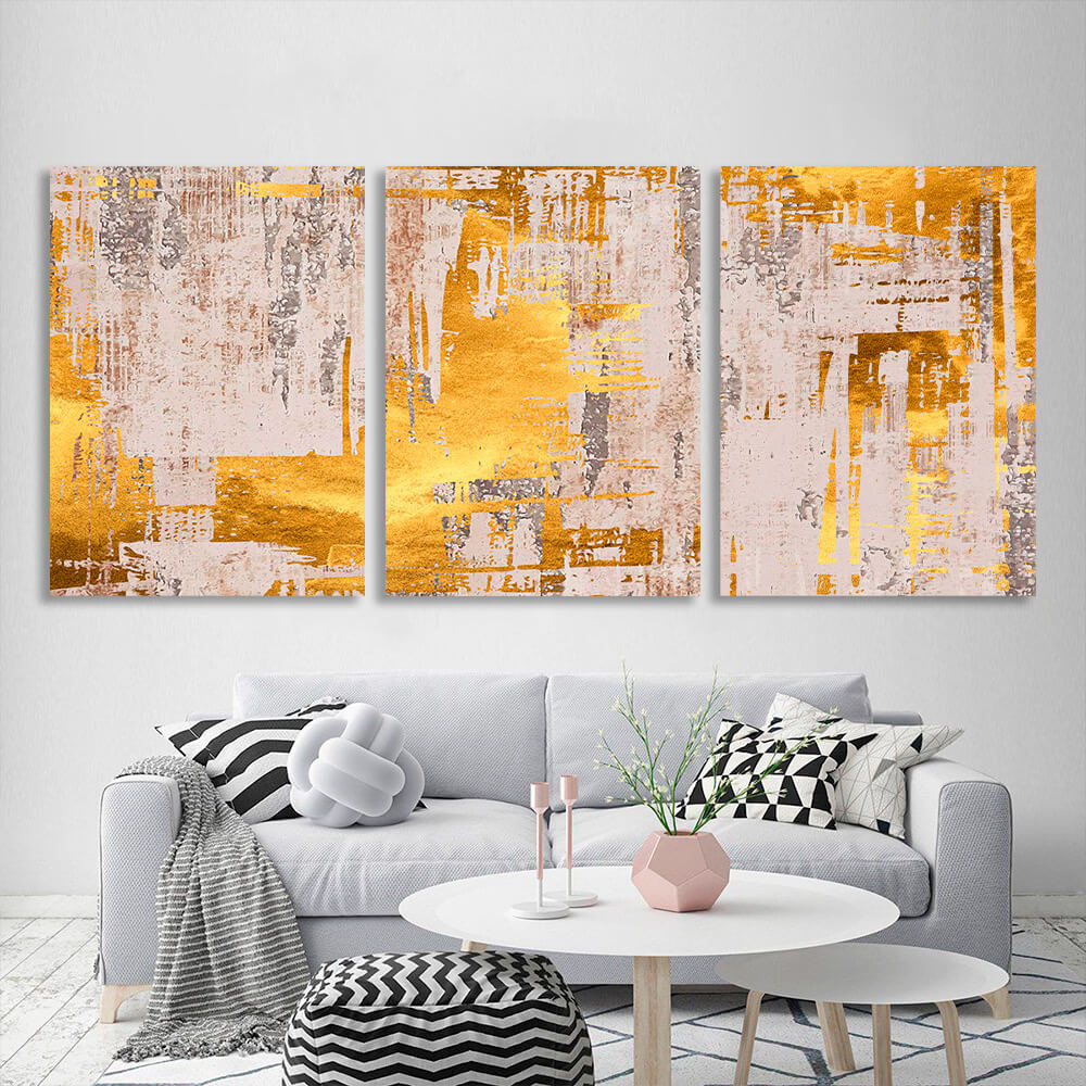 Modular abstraction in beige and gold shades Multi Panel Canvas Wall Art Print