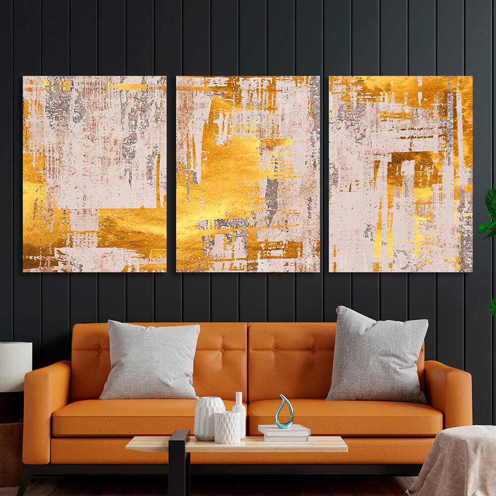 Modular abstraction in beige and gold shades Multi Panel Canvas Wall Art Print