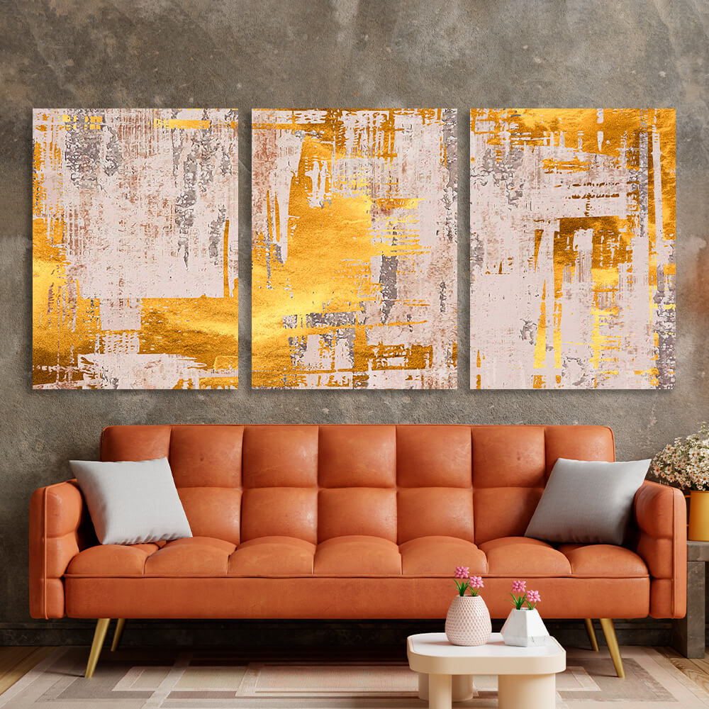 Modular abstraction in beige and gold shades Multi Panel Canvas Wall Art Print