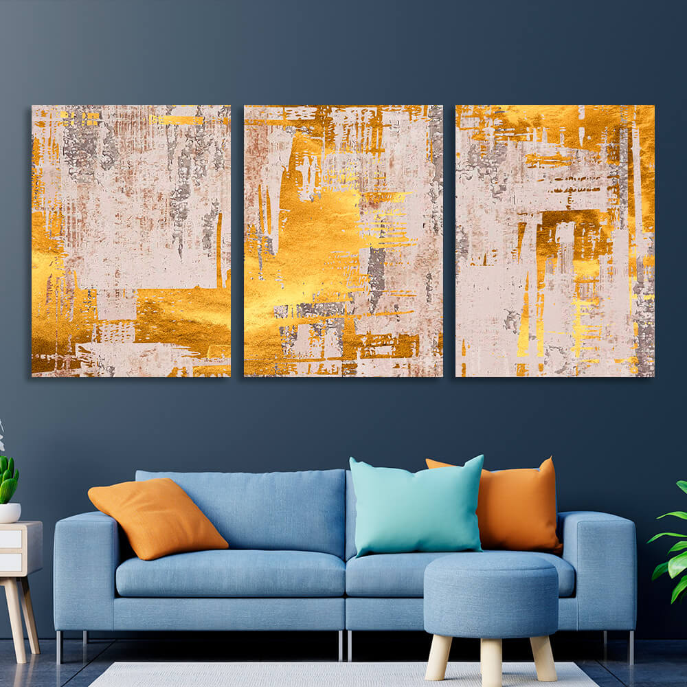 Modular abstraction in beige and gold shades Multi Panel Canvas Wall Art Print