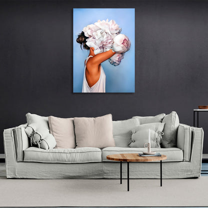 The girl with white flowers on her head is blue Canvas Wall Art Print