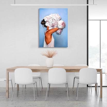 The girl with white flowers on her head is blue Canvas Wall Art Print