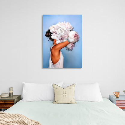 The girl with white flowers on her head is blue Canvas Wall Art Print