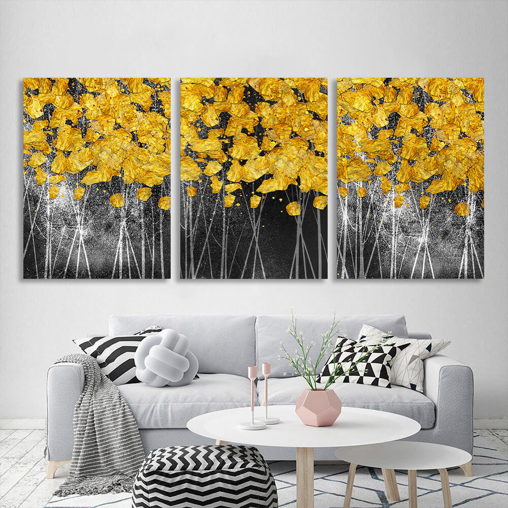 Modular gold spots on a dark gray background Multi Panel Canvas Wall Art Print