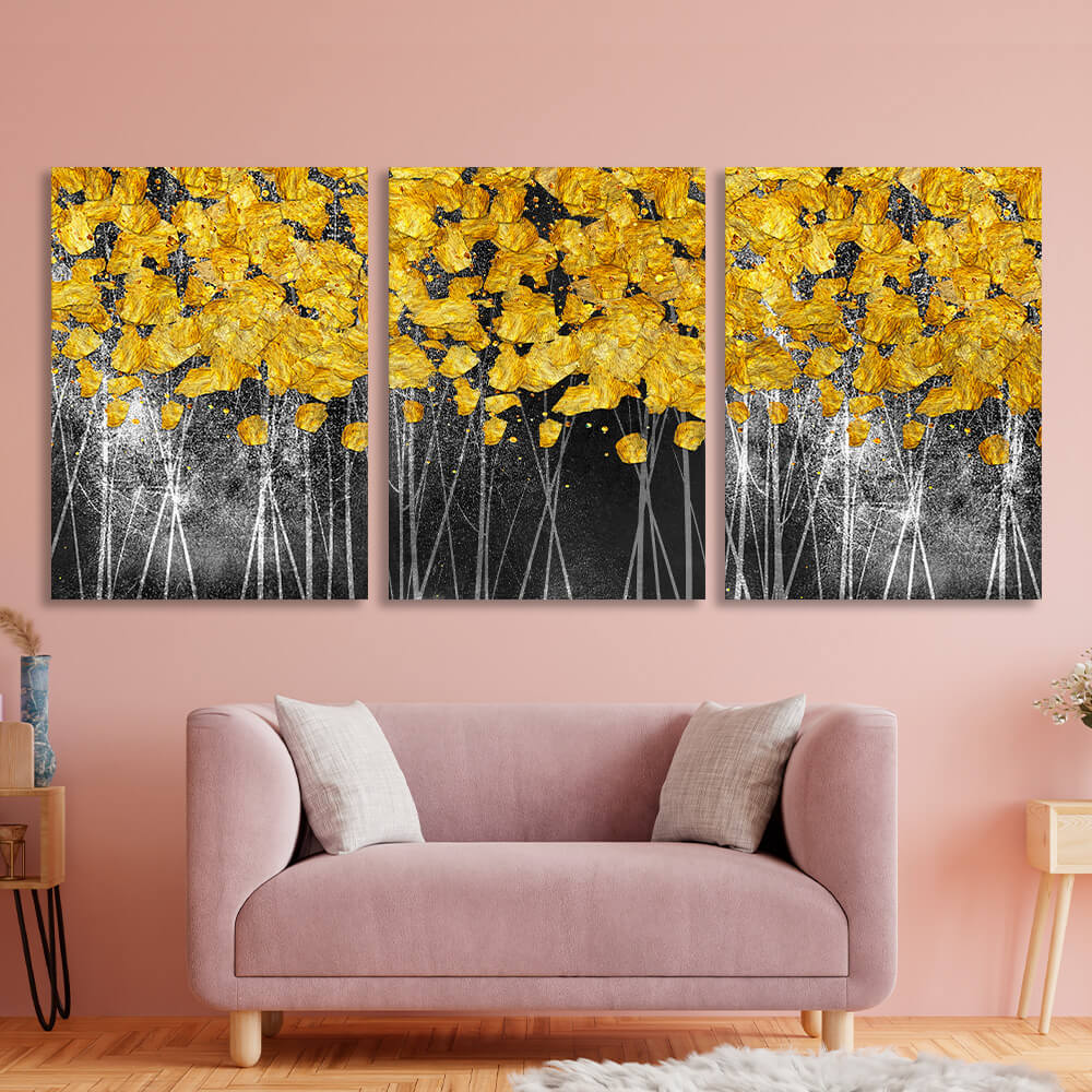 Modular gold spots on a dark gray background Multi Panel Canvas Wall Art Print