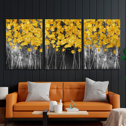 Modular gold spots on a dark gray background Multi Panel Canvas Wall Art Print