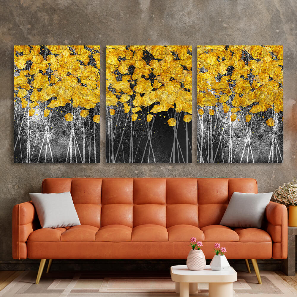 Modular gold spots on a dark gray background Multi Panel Canvas Wall Art Print