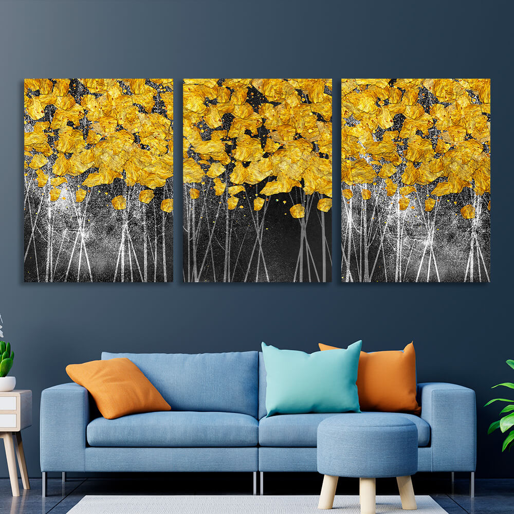 Modular gold spots on a dark gray background Multi Panel Canvas Wall Art Print