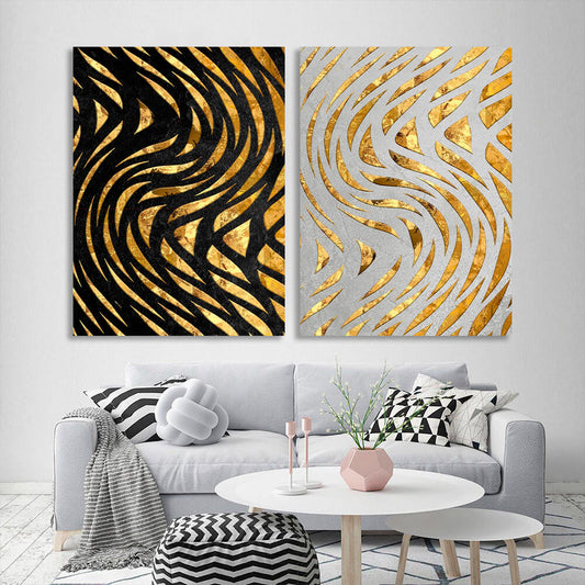 Modular abstract gold lines on white and black background Multi Panel Canvas Wall Art Print