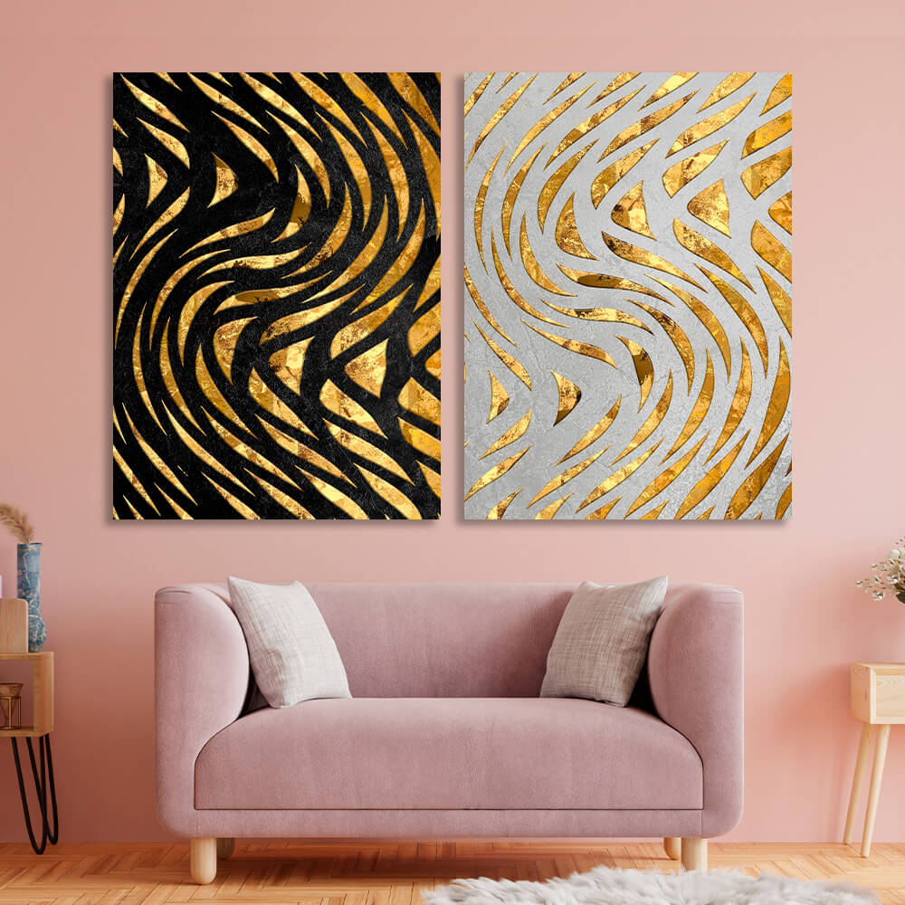 Modular abstract gold lines on white and black background Multi Panel Canvas Wall Art Print