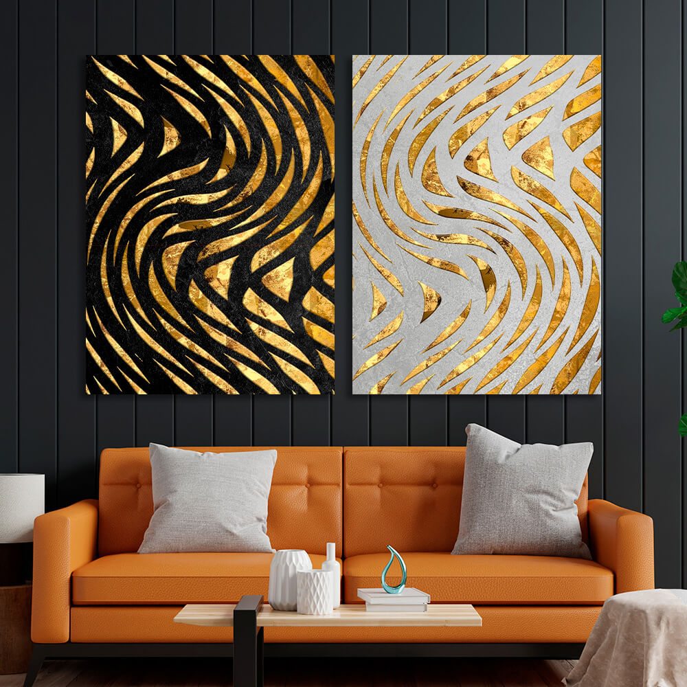 Modular abstract gold lines on white and black background Multi Panel Canvas Wall Art Print