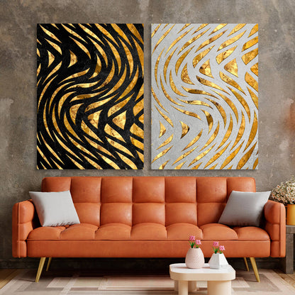 Modular abstract gold lines on white and black background Multi Panel Canvas Wall Art Print